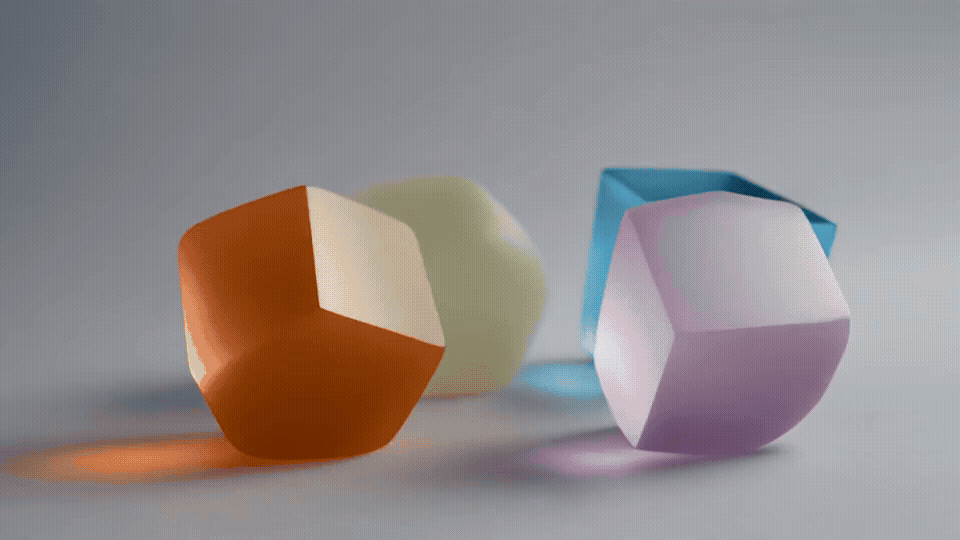 Colorful abstract geometric sculptures on a light surface with soft shadows as a metaphor for reshaping brands and organisational marketing.