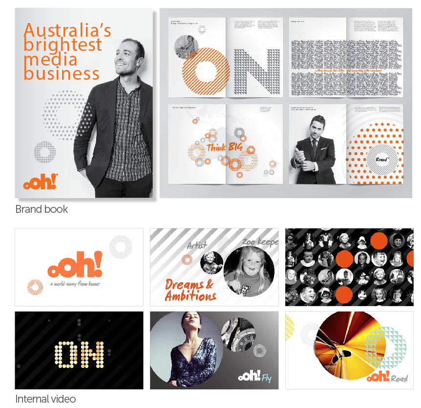 A collection of branding and marketing materials for a company called 'ooh!' including a brand book, internal video, and various promotional designs with orange, black, and gray color schemes featuring people, text, and graphic elements.