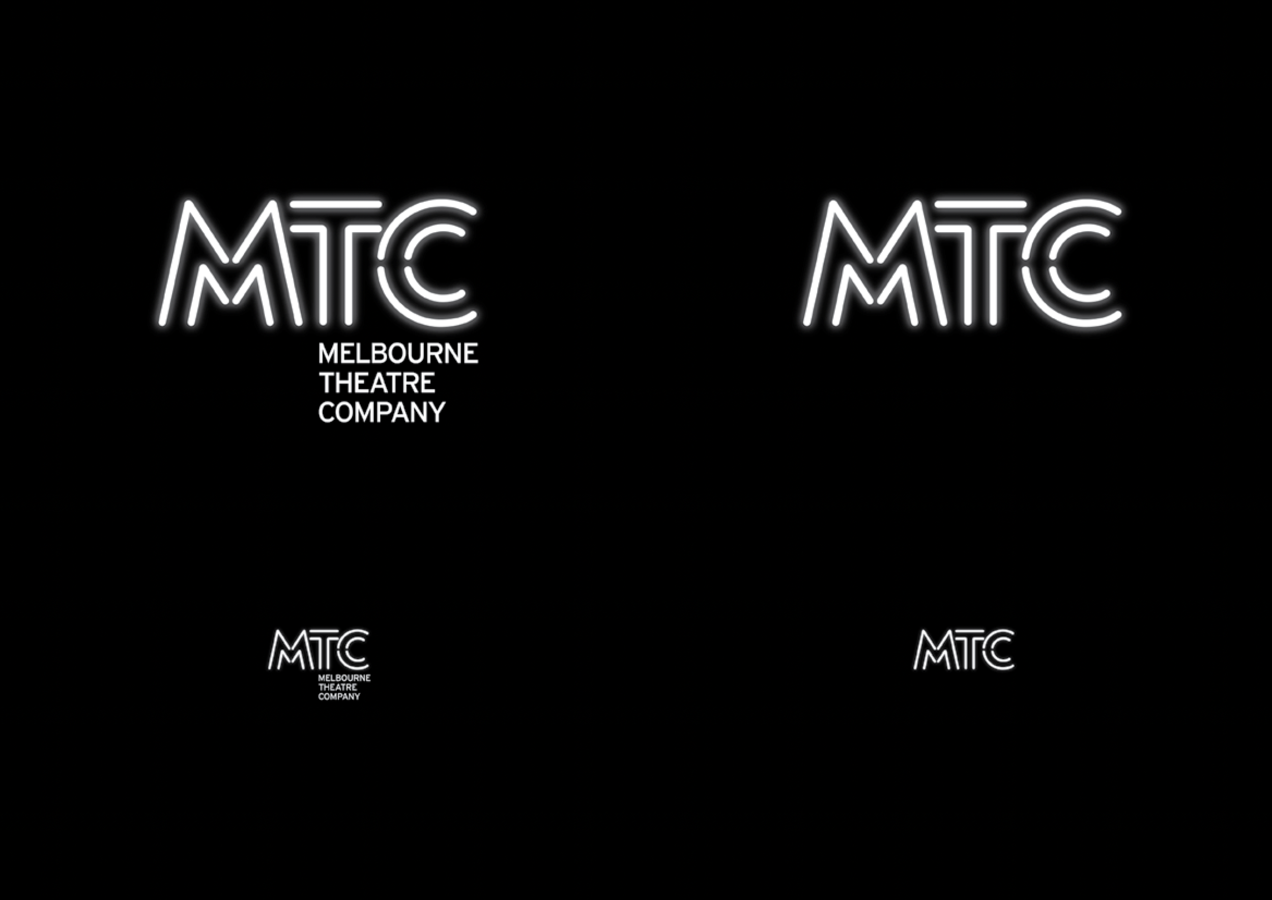 Neon sign displaying the MTC Melbourne Theatre Company logo on a black background.