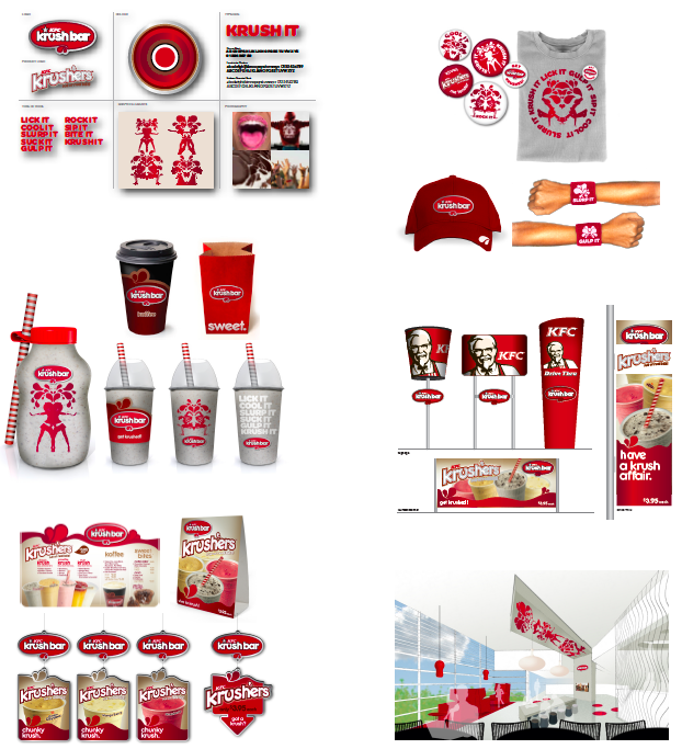 Collection of branding materials and merchandise for Krushbar, including stickers, a T-shirt, a cap, drink cups, straws, paper bags, and promotional signage, all featuring the Krushbar logo and related graphics, displayed on a flat surface and in a modern interior setting.