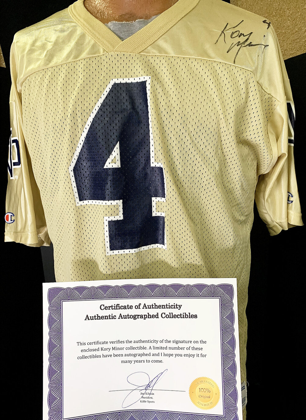 cruise Somber tij Gold Notre Dame Football Jersey #4 Signed by Kory Minor — Augie's Locker  Room