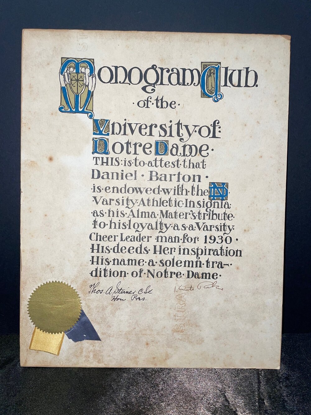 Rare 11x14 Original Notre Dame Monogram Club Pres. Thomas Steiner