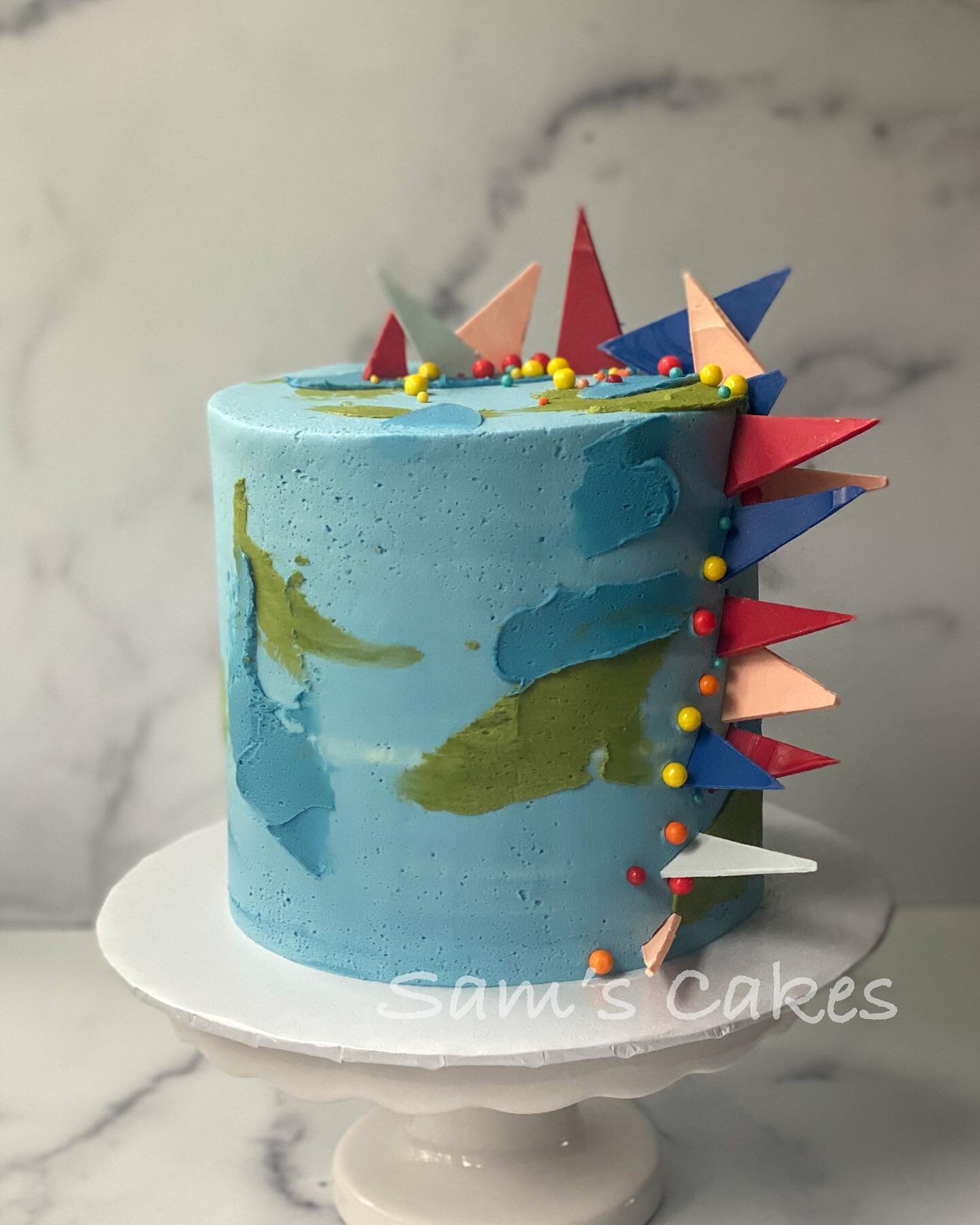 A fun dino themed cake from last month🦕🦖
.
.
Vanilla cake w/ chocolate buttercream filling, vanilla buttercream iced
.
.
Cake design inspo by @cakeygnome
.
.
#samscakes  #birthday #bday #dinosaur #buffalo #throwback #birthday #cookies #cakes#custom
