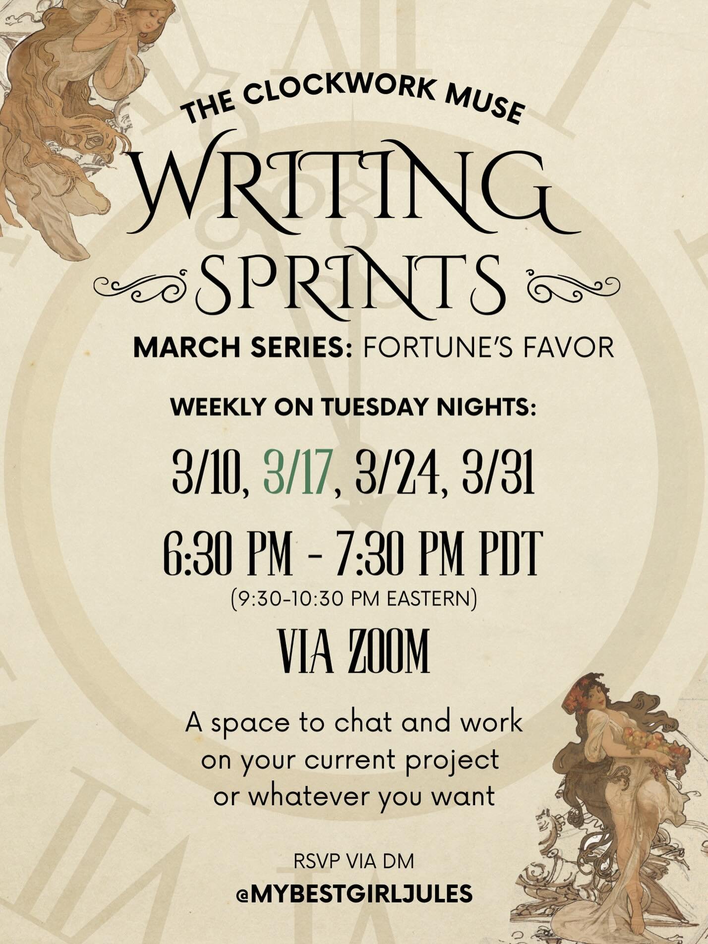 The Clockwork Muse writing sprints are back for the month of March! I hope you&rsquo;ll join us for some no pressure productivity time. And for those who are up to the writing challenge- we&rsquo;ll explore the theme of Fortune&rsquo;s Favor together