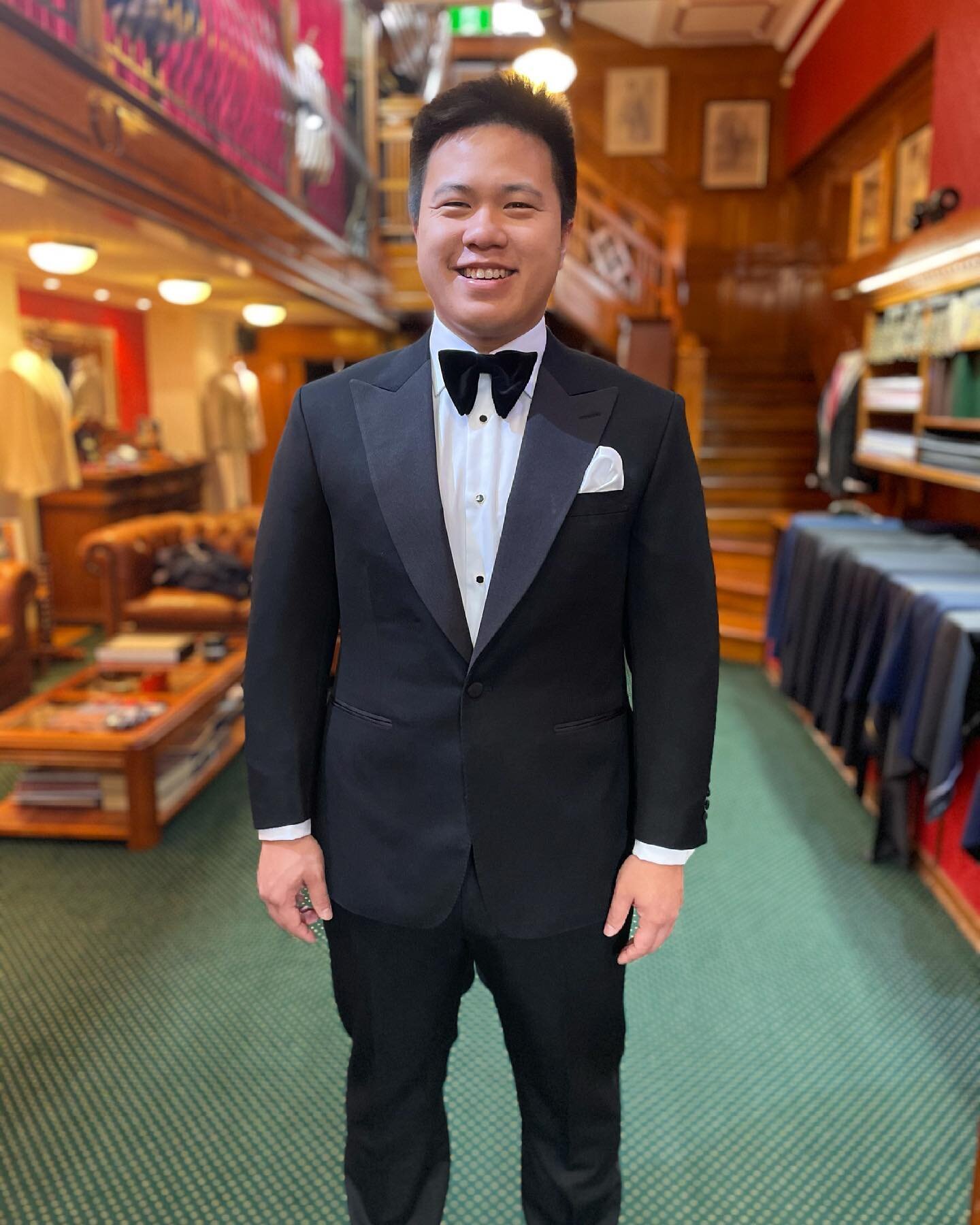 Bespoke wedding tux for TM. One of our most popular tux style lately has been with the wide 4&rdquo; peaked lapel. The Z&amp;S velvet bow and bespoke shirt compliment the tux perfectly. #wedding #weddingtux #bespoketuxedo