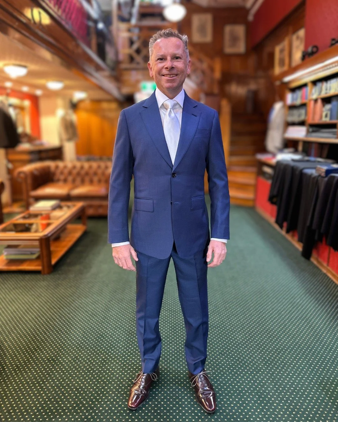 Final fitting for Dave&rsquo;s wedding suit.
A two-button, single-breasted style with notch lapels, tailored in French blue cloth by @vitalebarberiscanonico1663 

#SydneyTailor #BespokeTailoring #FrenchBlueSuit #TailorSydney #WeddingSuit #MensStyle #
