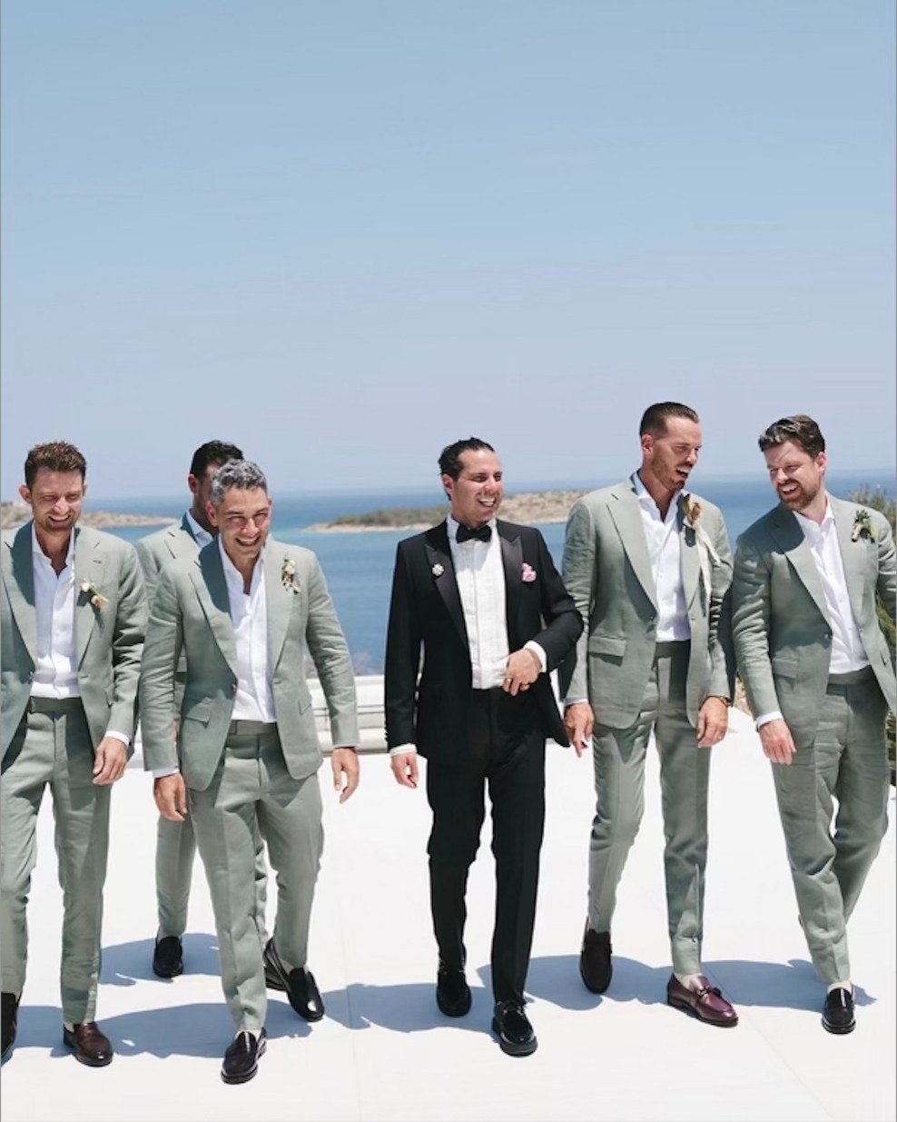 Groomsmen by Zink &amp; Sons in sage Solbiati linen.
A Greek Islands wedding, with the groom wearing Dior.

#SydneyTailor #GroomsmenStyle #LinenSuit #Solbiati #WeddingStyle #GreekIslandWedding #MensStyle #ZinkAndSons