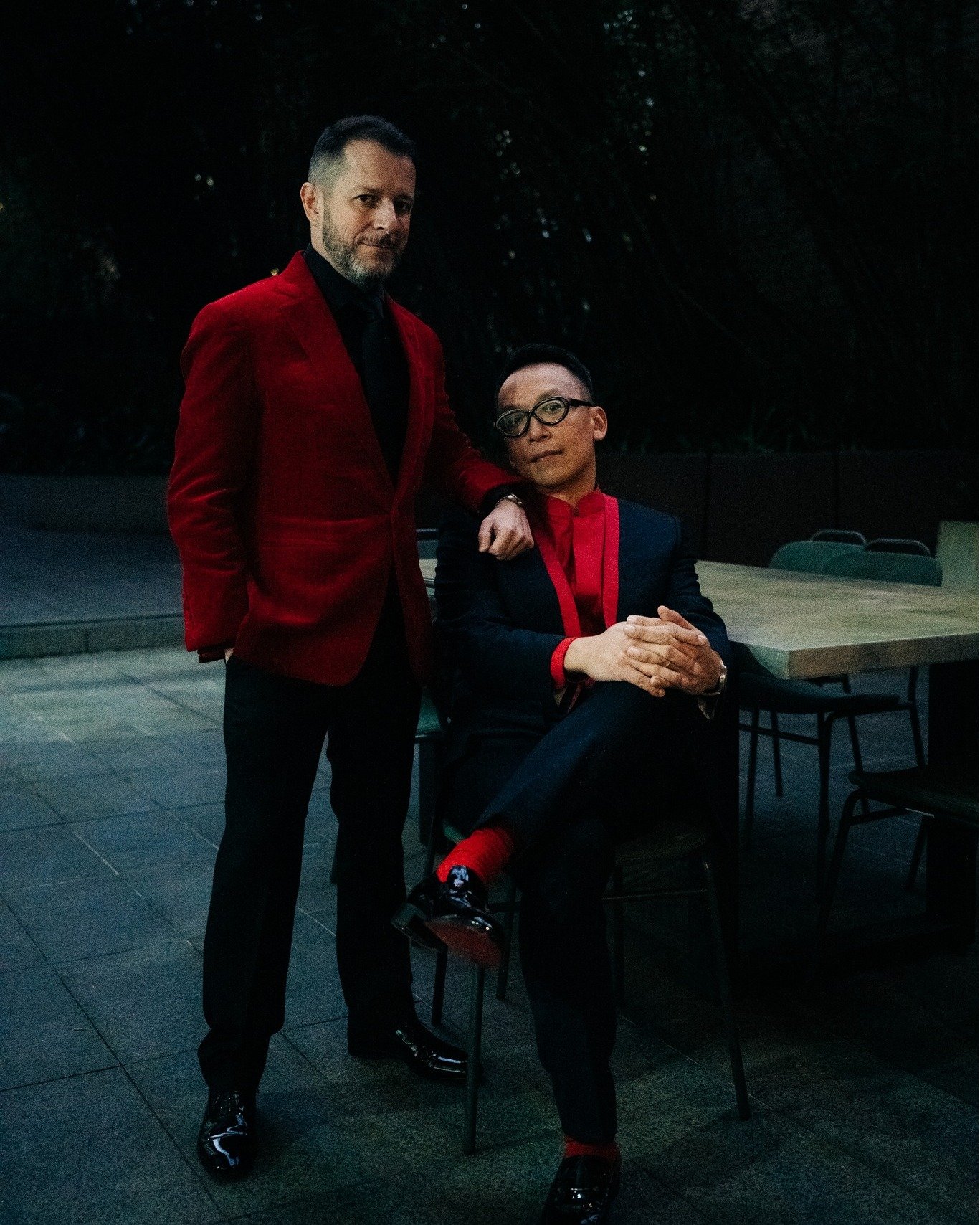 Mark &amp; Alvin on their wedding day.
Mark in red velvet by @hollandandsherryapparel 
Alvin in a distinctive, lapel free jacket cut in @dormeuil1842, finished with striking red trim.
A confident wedding statement.

#TailorSydney #WeddingTailoring #G