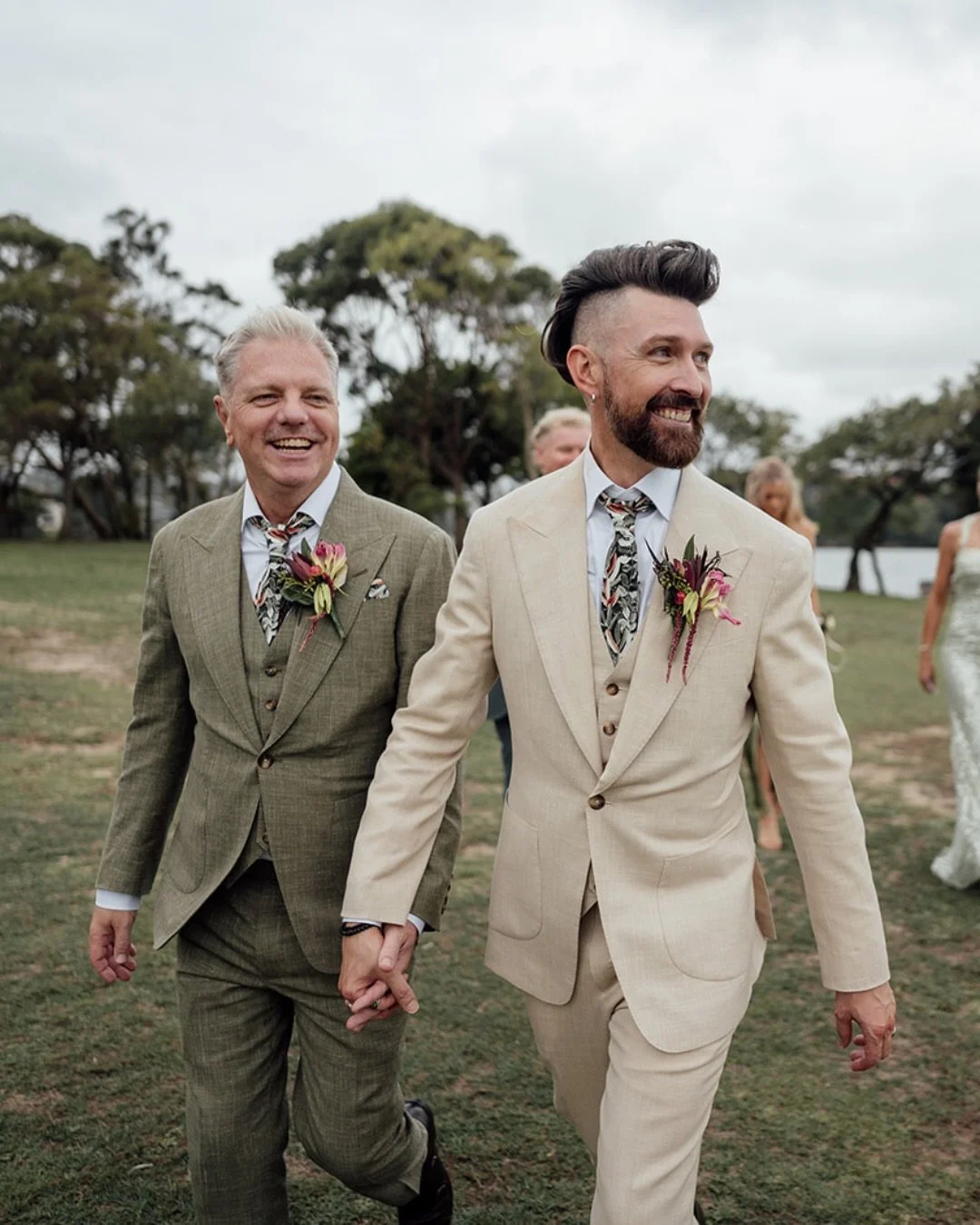 For Paul &amp; Tony&rsquo;s wedding day.

Cut in @loropiana &lsquo;Summertime&rsquo;, a blend of wool, linen and silk suited to the season.
Paul in green, Tony in light fawn, a considered pairing.

Three piece suits, finished with individual linings 