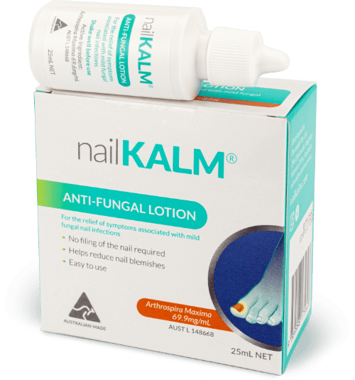 A box of nailKALM anti-fungal lotion with a tube of lotion on top of the box.
