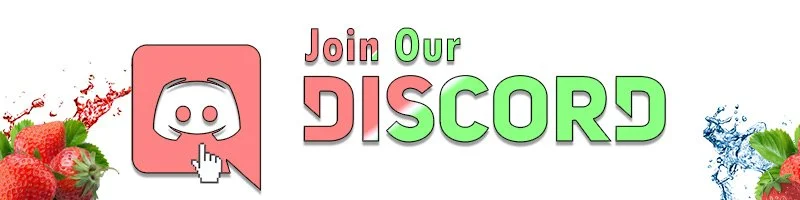 Discord logo with strawberries on the left and a splash of water on the right, with the text "Join Our DISCORD" in colorful letters.