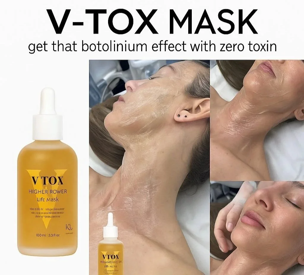 Advertisement for V-TOX MASK with images of a woman receiving a facial treatment and demonstrating skin improvements