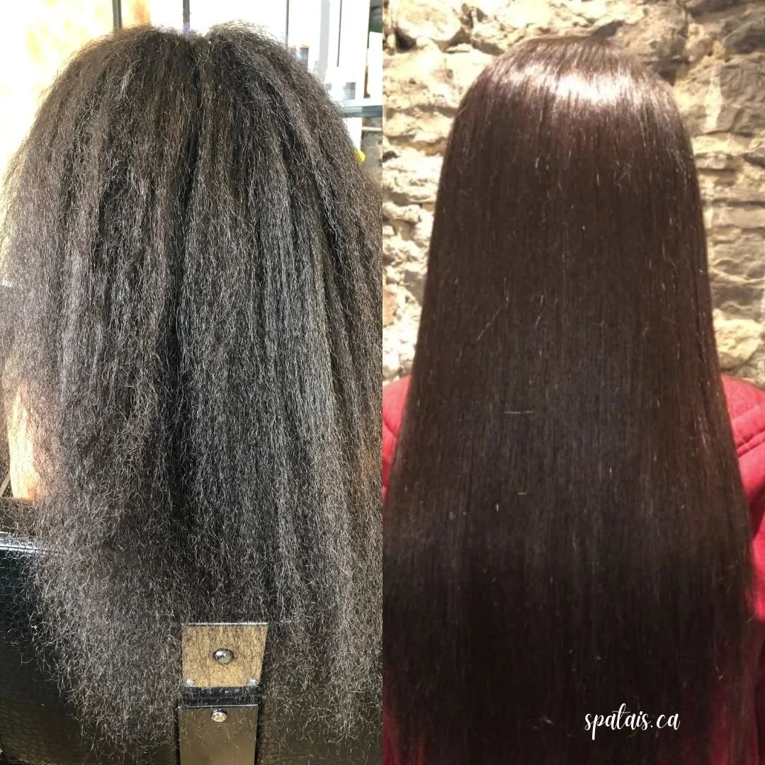 Comparison of a woman's hair before and after straightening: the left shows frizzy, curly, coarse hair; the right shows sleek, straight, shiny hair. Results of botox hair treatment in Montreal