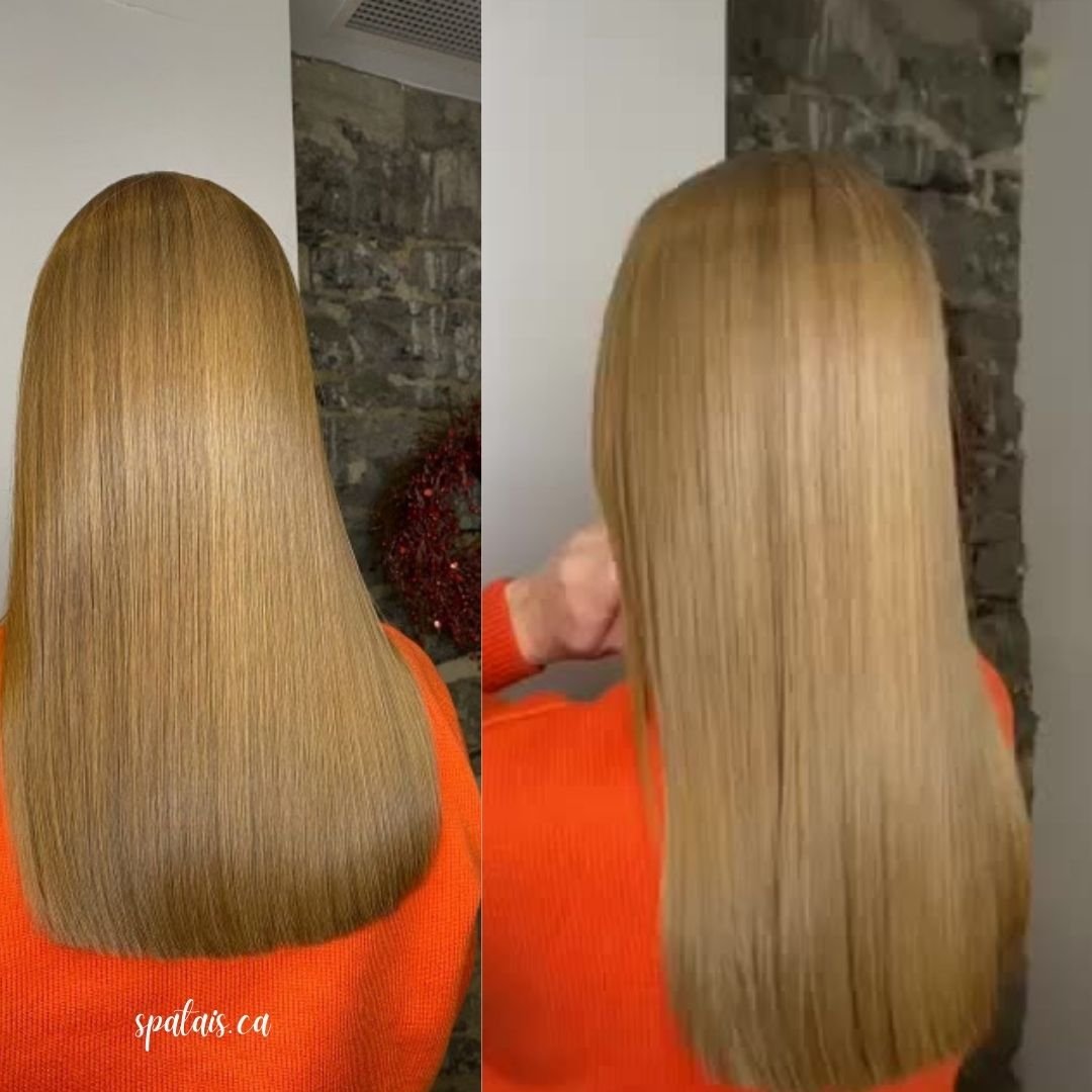 Side-by-side photos of a woman with long, straight, blonde hair wearing an orange sweater. The left photo shows her hair from the back before styling, and the right shows her hair styled with a sleek, shiny finish.