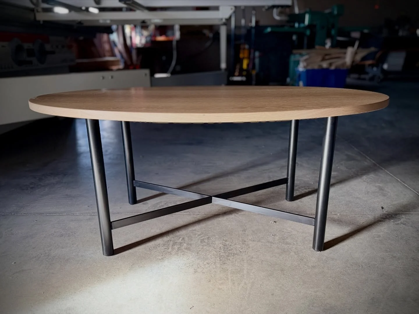 Fresh out of the shop: a handsome little ellipse coffee table with a white oak top and blackened steel base for a local doctor&rsquo;s office in Boulder, Colorado.

#coffeetable #whiteoak #blackenedsteel #metalandwood #customtable #furnituredesign #b