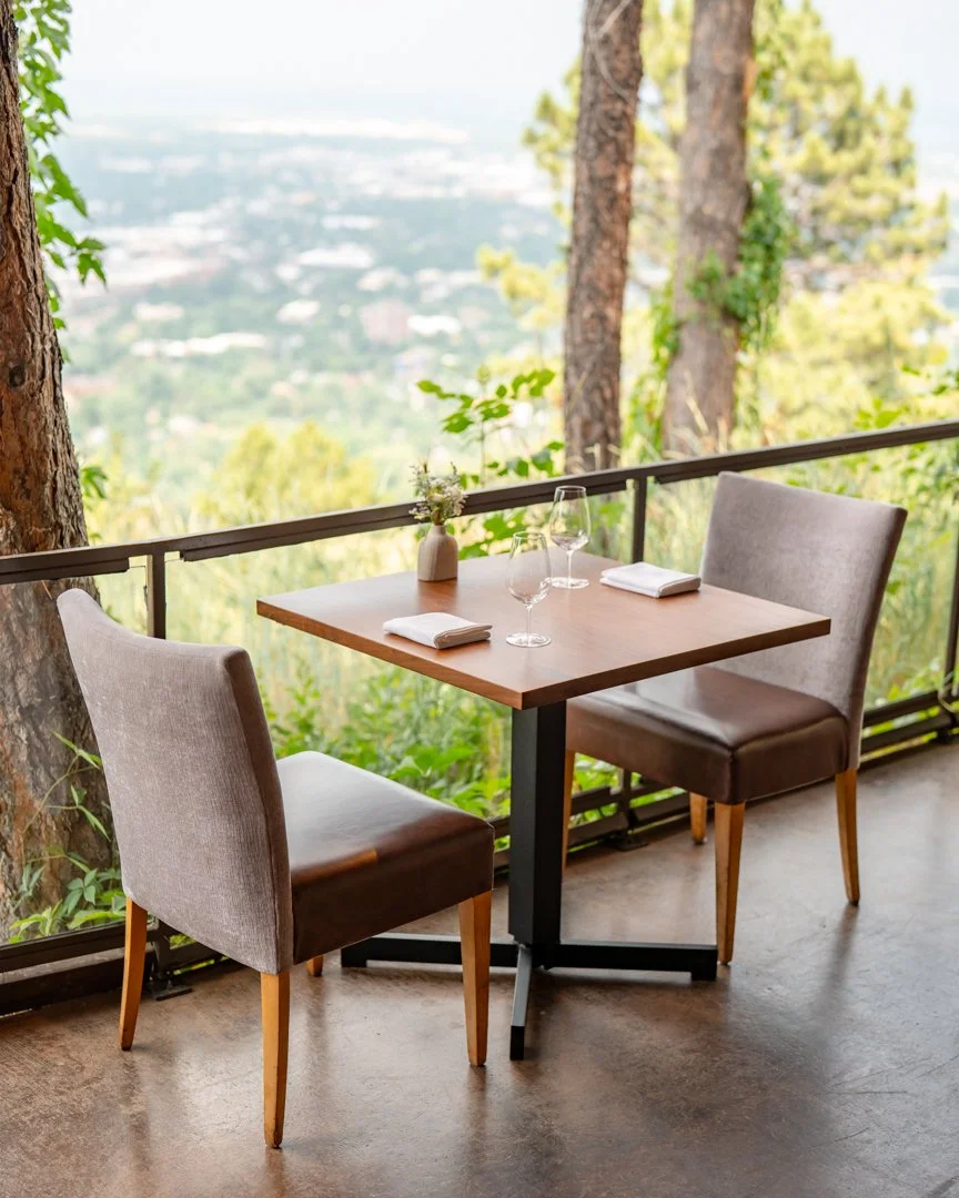 Walnut table on outdoor patio at Flagstaff House