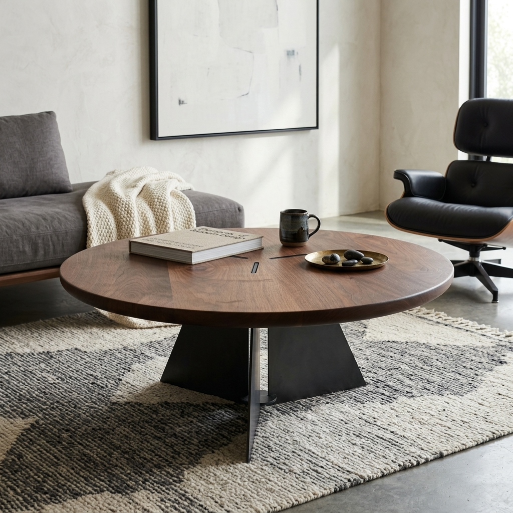 Staged photo of the Rift Coffee Table in solid walnut and blackened steel