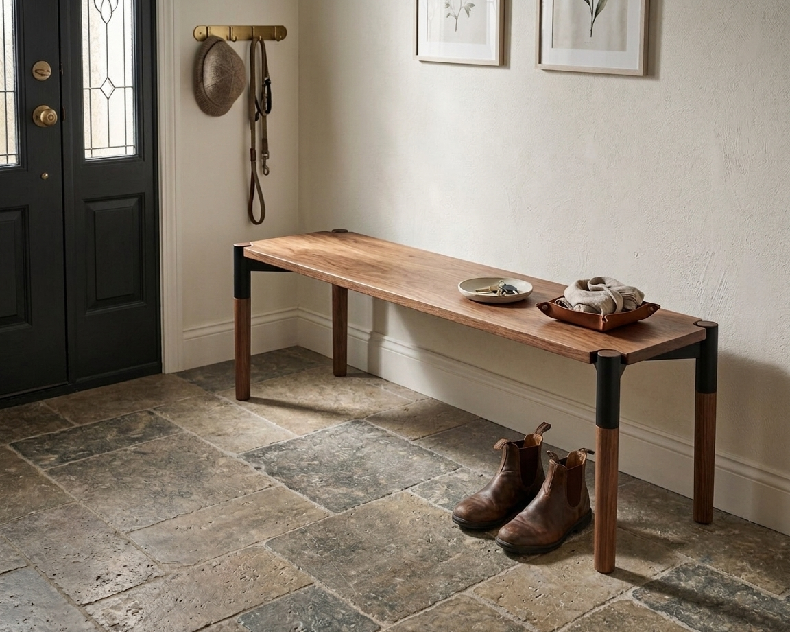 Modern handmade walnut and steel bench