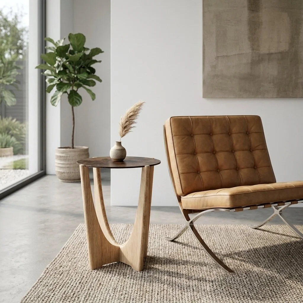Modern handmade white oak and steel side table