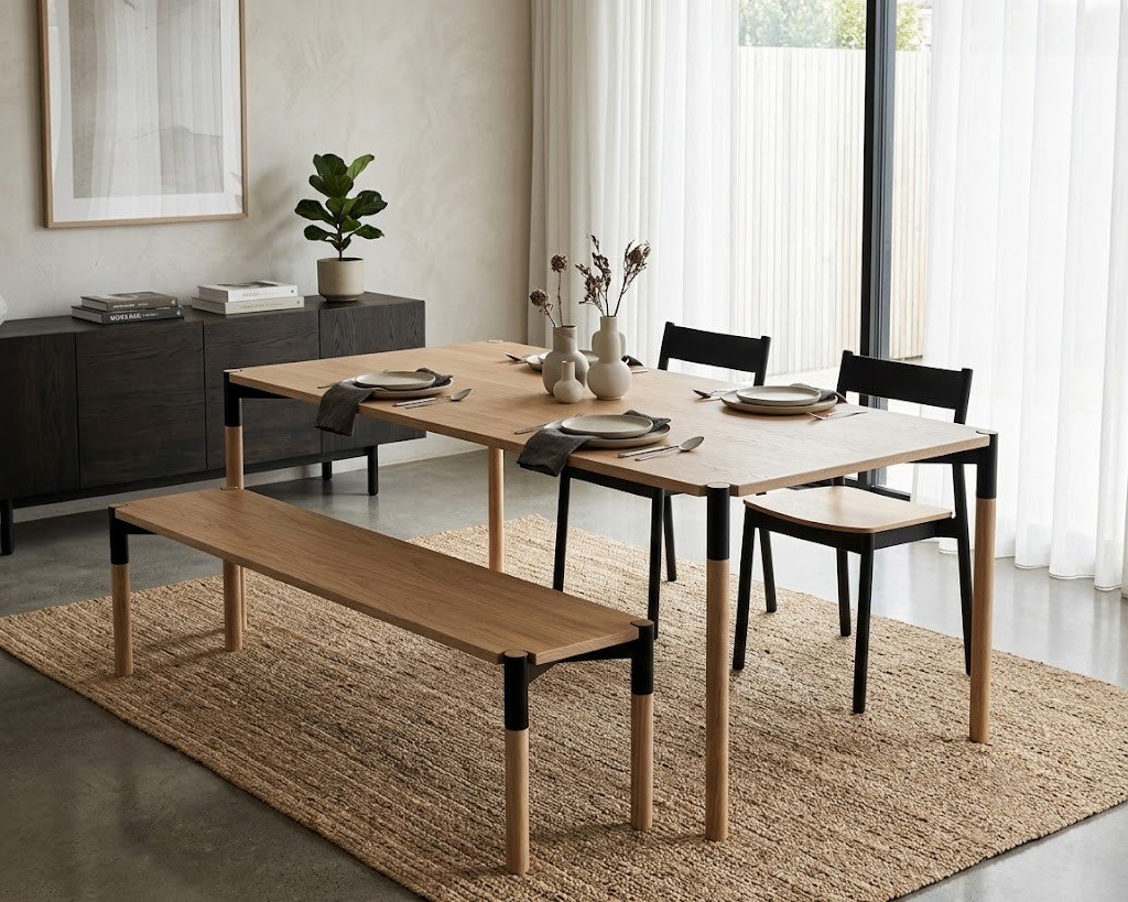 Modern handmade white oak and steel dining table