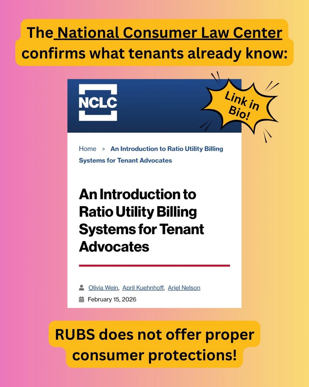 The National Consumer Law Center published their review of RUBS, and they confirmed what we already knew: RUBS IS BAD FOR TENANTS!

You can read the full review in the link in our bio! #Seattle #BanRUBS #TenantPower