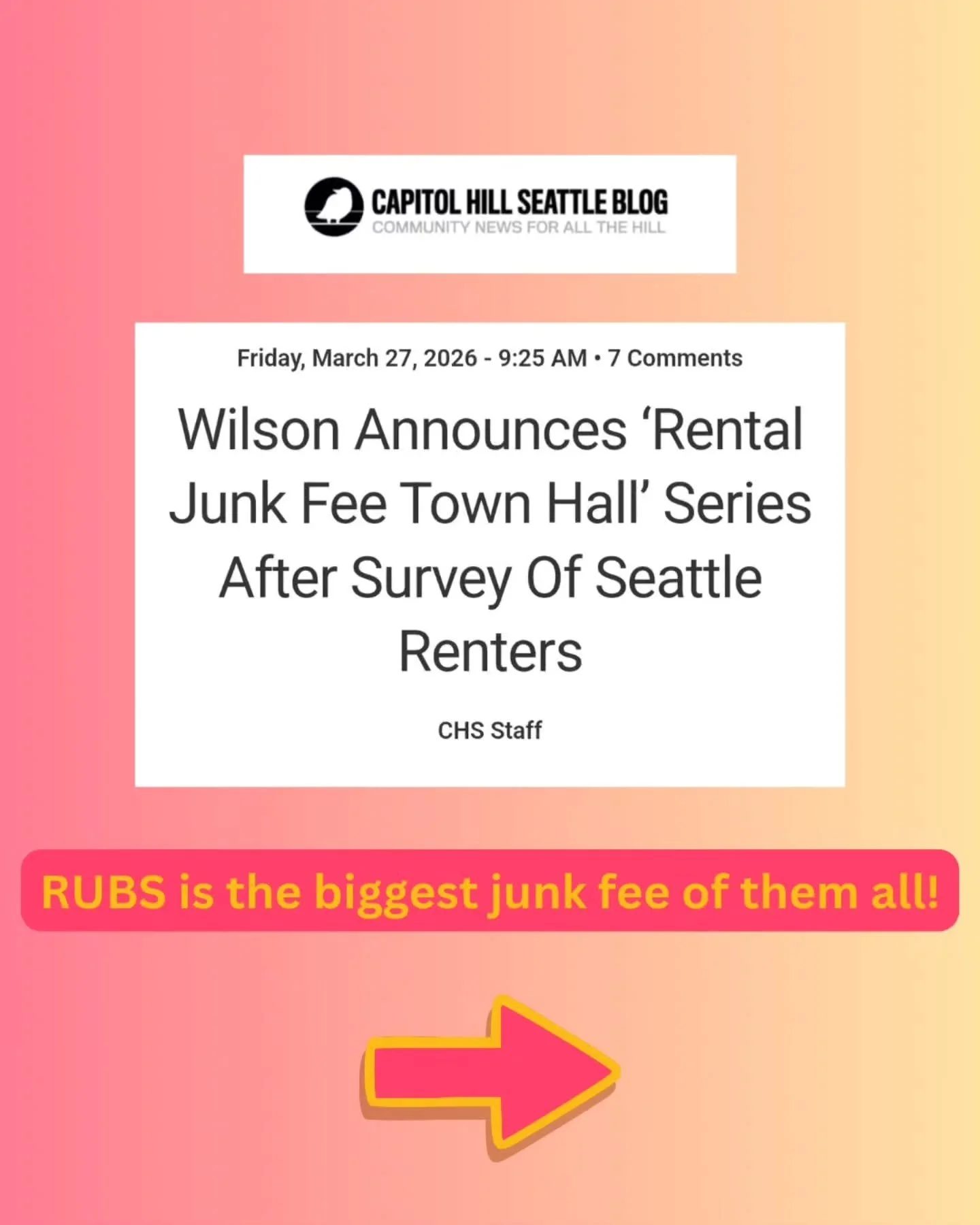 Utility service fees, laundry fees, package fees, and the biggest junk fee of them all: RUBS! Whenever the town hall dates are scheduled, let's show up and make ourselves loud and clear about the experiences and needs of tenants, not landlords 🫶