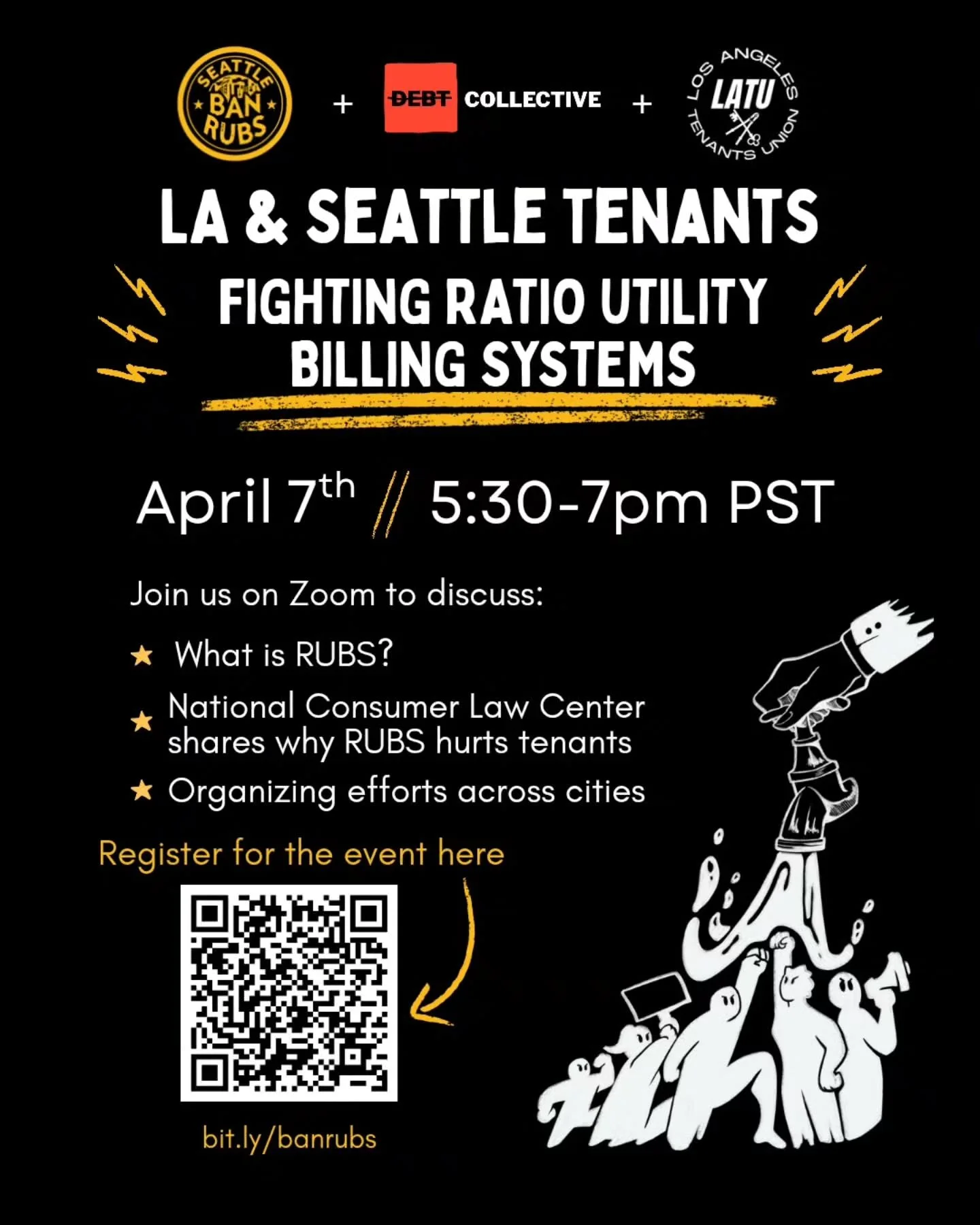 Tenants in Los Angeles and Seattle are on RUBS strikes! On Tuesday from 5:30-7pm PST, tenants will share what Ratio Utility Billing System (RUBS) is and how we've been organizing in our cities to ban this landlord scam 🔥

Registration link is in our