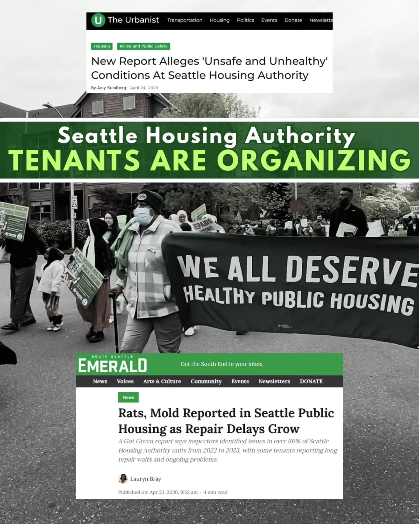 Tenants are organizing for safe, healthy, dignified public housing! ✨️
 Seattle Housing Authority is a major slumlord, owning all of Seattle's public housing (nearly 9,000 units!!!) Tenants live in disrepair, neglect, and are treated as less than. EV