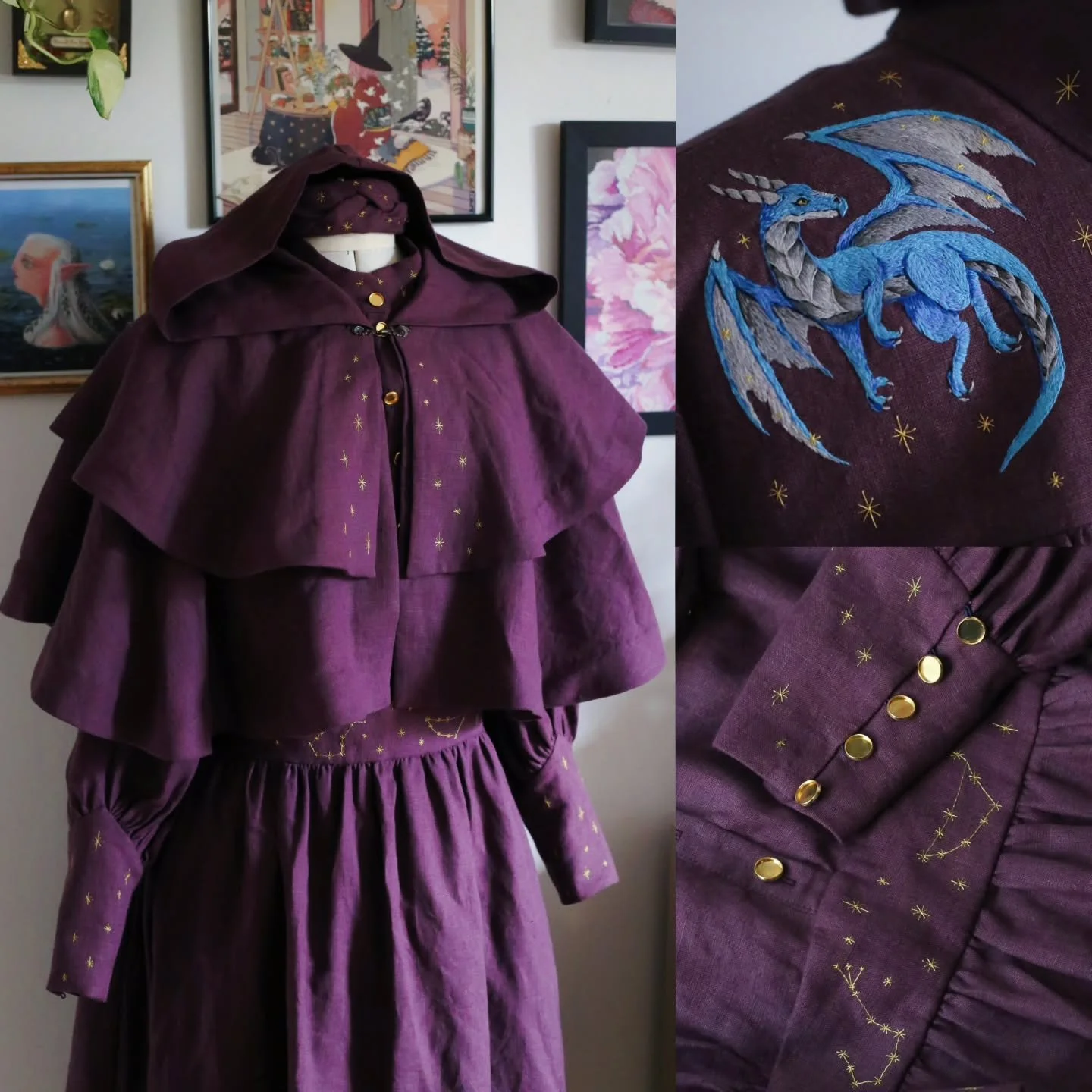 Magical space dragon dress! 🌟 
This customer dress, cape and headband were a graduation outfit for a fellow Finnish woman! 
The customer also requested me to add her favorite star constellations! 

I find dragon embroidery almost as enjoyable as cat