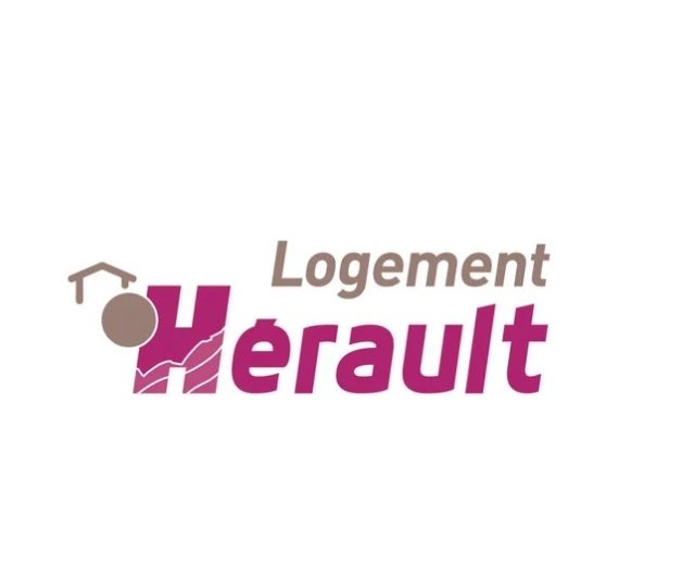 Logo avec un symbole de maison et une boule, textes 'Logement Héraut' en violet et marron.