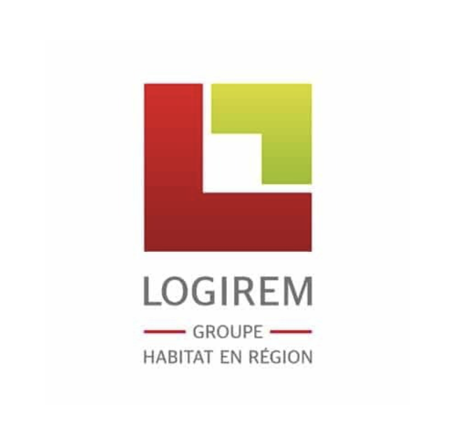 Logo avec forme géométrique rouge et verte, texte 'LOGIREM', 'GROUPE', et 'HABITAT EN RÉGION' en dessous.