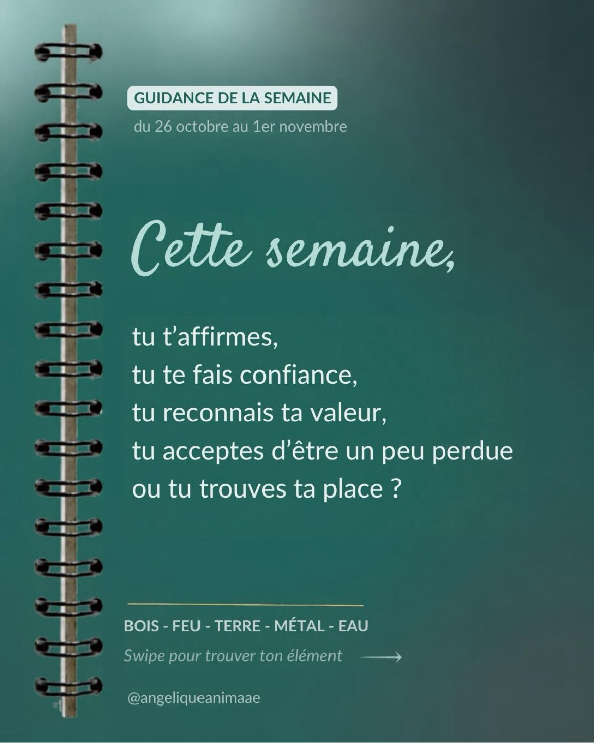 Cette semaine, tu t&rsquo;affirmes, tu te fais confiance, tu reconnais ta valeur, tu acceptes d&rsquo;&ecirc;tre un peu perdue ou tu trouves ta place ?

En m&eacute;decine traditionnelle chinoise, on a toutes un &eacute;l&eacute;ment dominant parmi l
