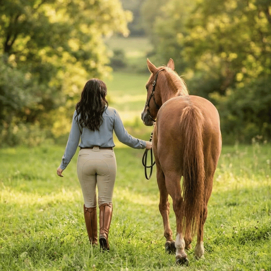 Femme avec son cheval récemment acquis, prête à construire une relation dès le départ