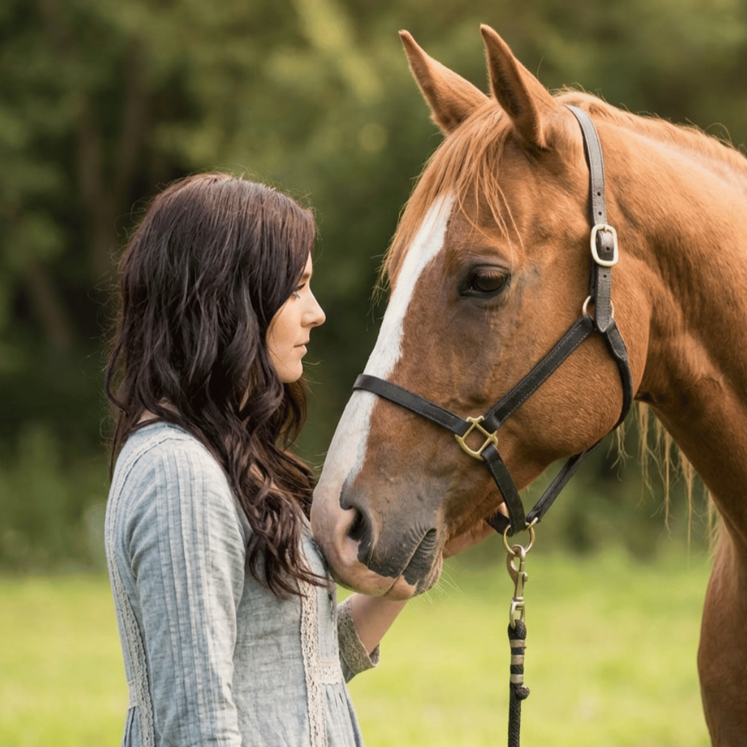 Femme qui retrouve une relation sereine avec son cheval grâce à une meilleure compréhension