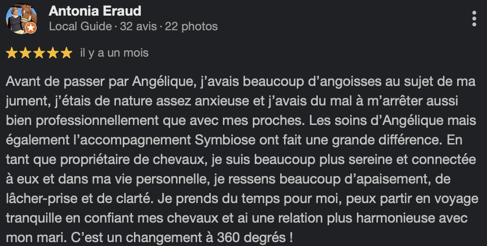 Témoignage écrit d'une femme de l'accompagnement symbiose et des résultats pour son cheval et sans sa vie