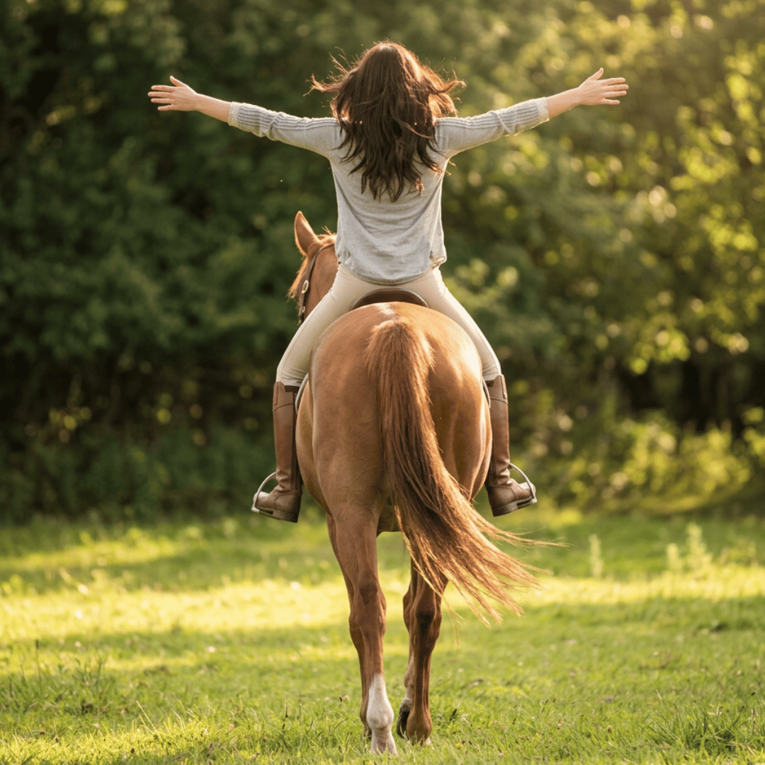 Femme et cheval avançant ensemble vers une relation plus profonde et complice