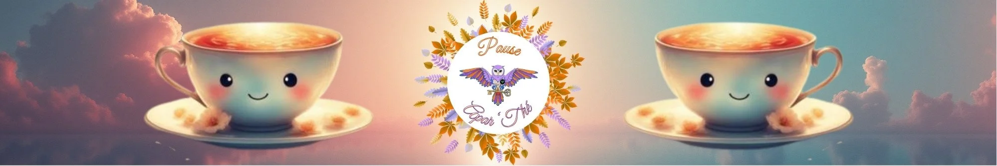 Illustration douce et chaleureuse représentant une tasse de thé fumante sur fond violet et ambré — Apar'Thé, l'espace ressources gratuit de Léti'Quête en Hérault