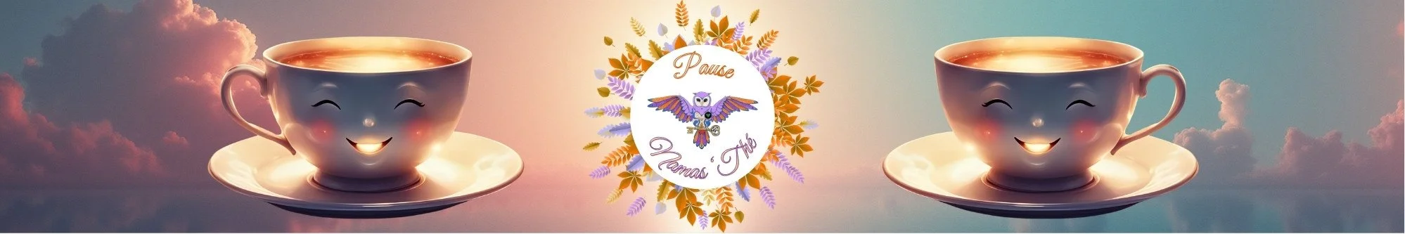 Illustration douce et chaleureuse représentant une tasse de thé fumante sur fond violet et ambré — Namas'Thé, le blog mieux-être holistique Léti'Quête en Hérault