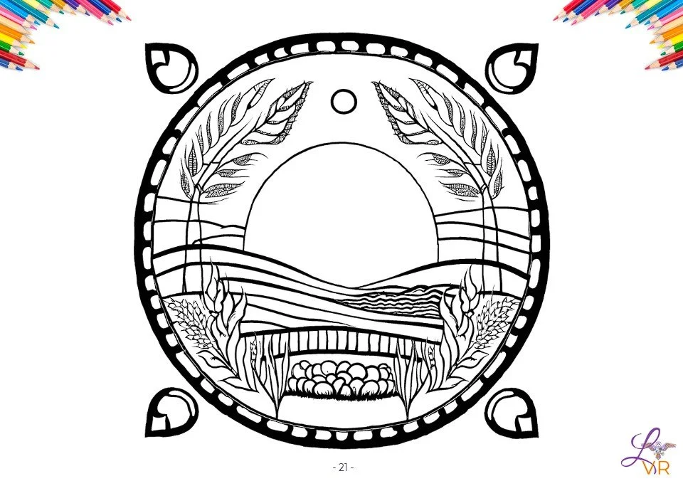 Mandala à colorier dédié à la Lune des Moissons, pause Médi’Thé de Léti’Quête en août 2026