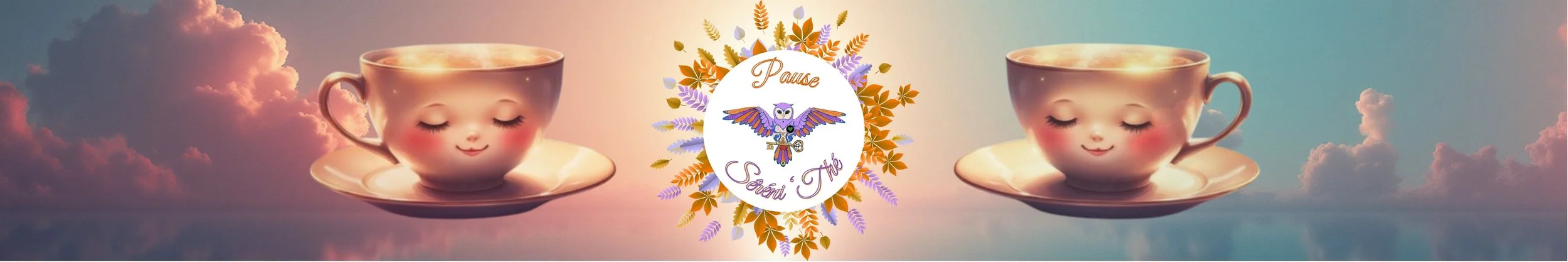 Bandeau illustré Pause Séréni’Thé : deux tasses de thé souriantes sur fond de ciel rosé — Épisode 1 : Mon histoire de surmenée