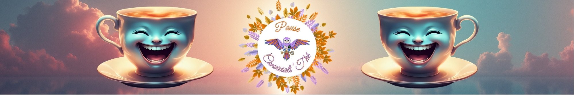 Illustration douce d’une tasse de thé au visage rieur et bienveillant, fond doux avec ciel aux nuages roses, atmosphère chaleureuse et conviviale — communauté bien-être Léti’Quête