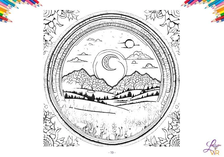Mandala à colorier dédié à la Lune des Prés, pause Médi’Thé de Léti’Quête en juillet 2026