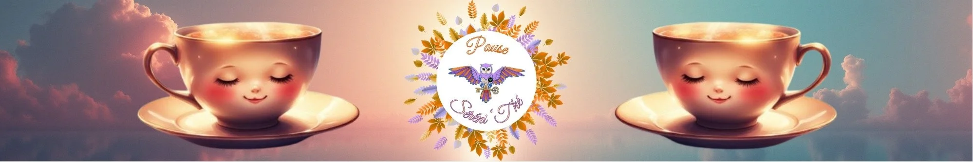 Une tasse de thé au visage souriant et apaisé, fond rosé d’un ciel aux nuages doux, podcast bien-être Léti’Quête Hérault