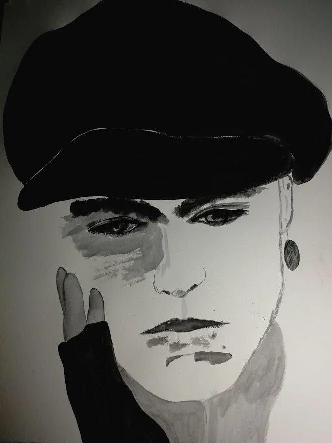 Young man with a pearl, graphite watercolor