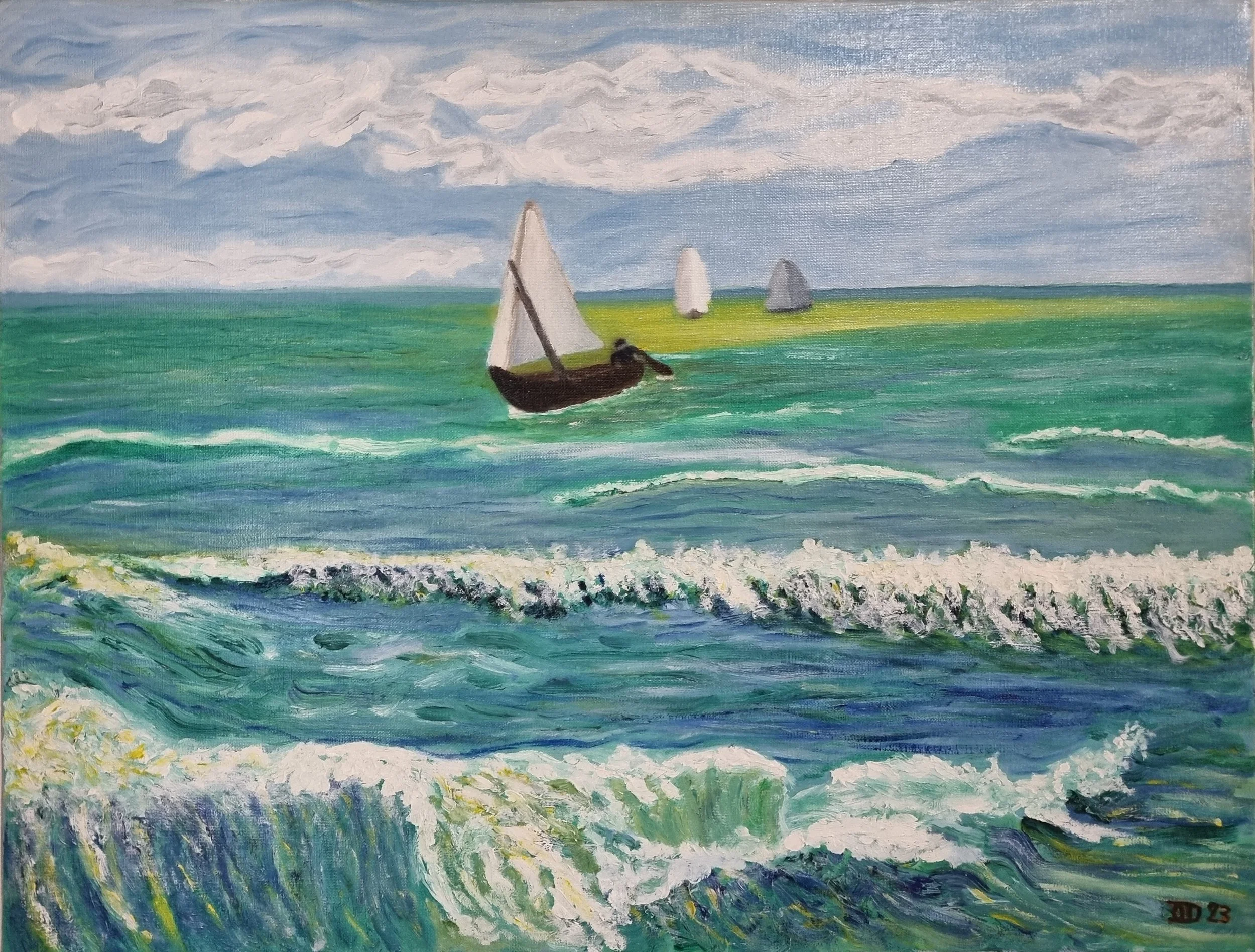 Retour de pêche, huile sur toile, 50x65 cm