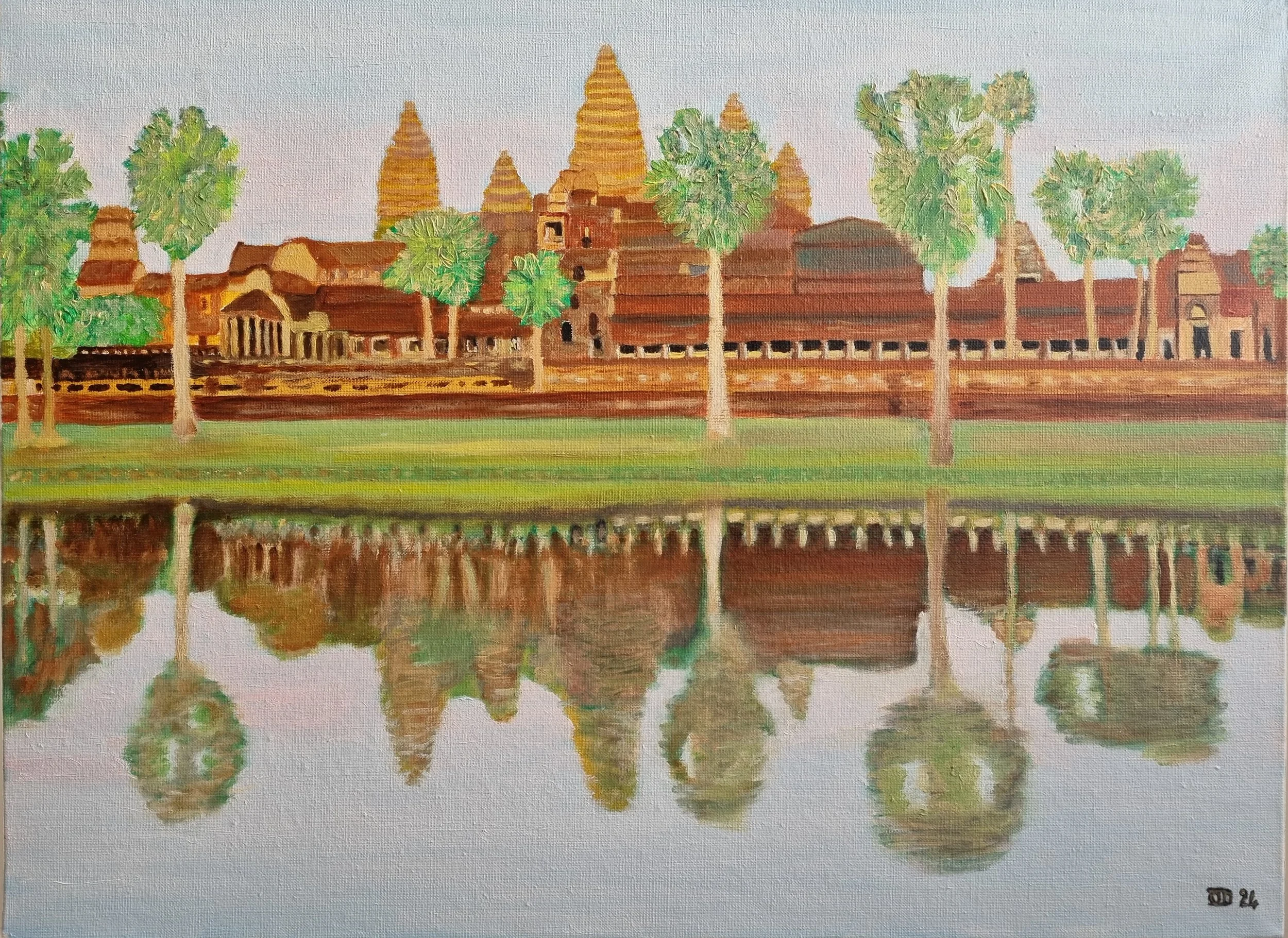 Angkor Vat - Reflets sur les douves, huile sur toile, 54 x73 cm