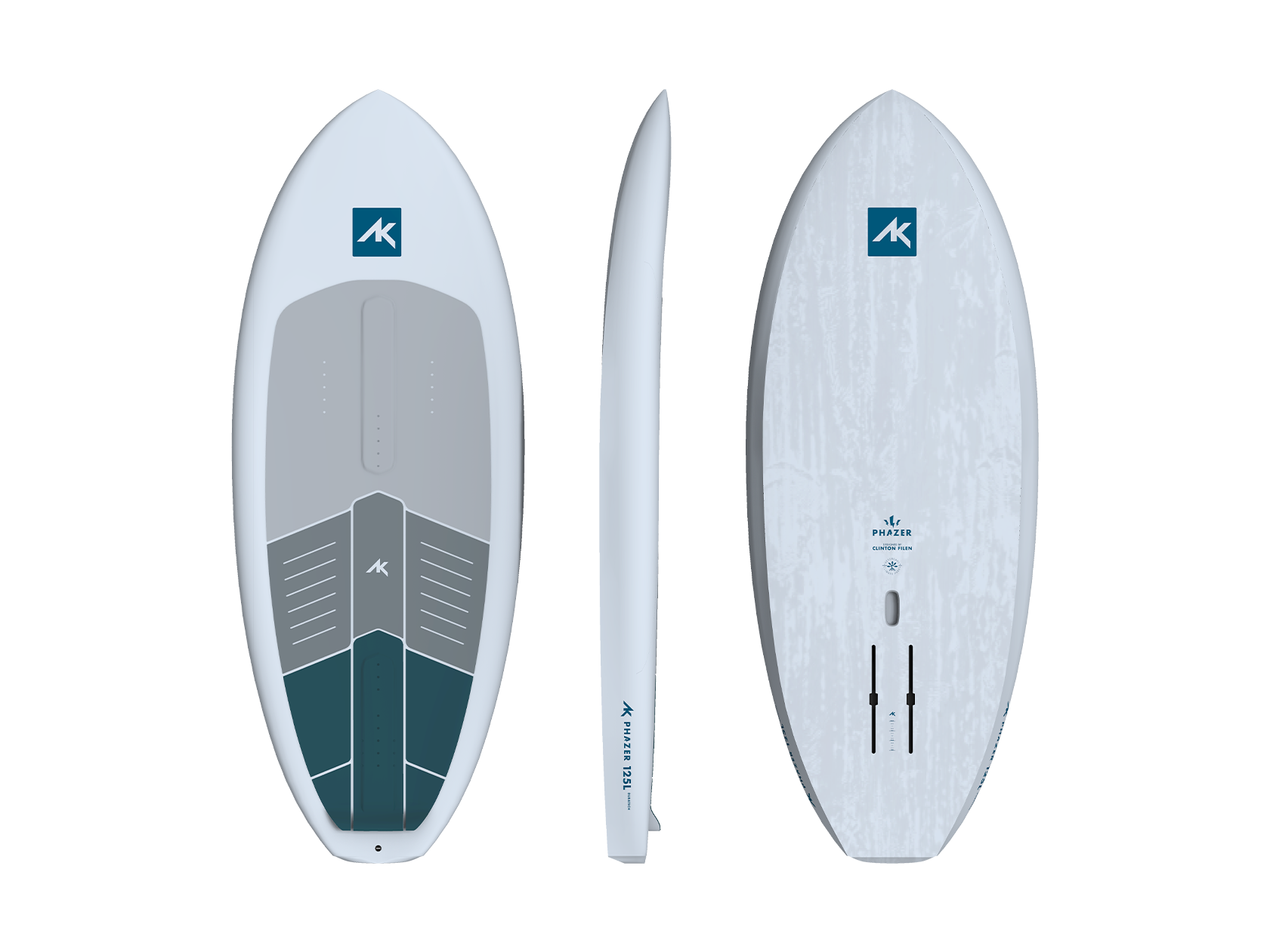 AK Phazer Foilboard Duratech – Foilboard in drei Ansichten (Deck, Profil, Unterseite)