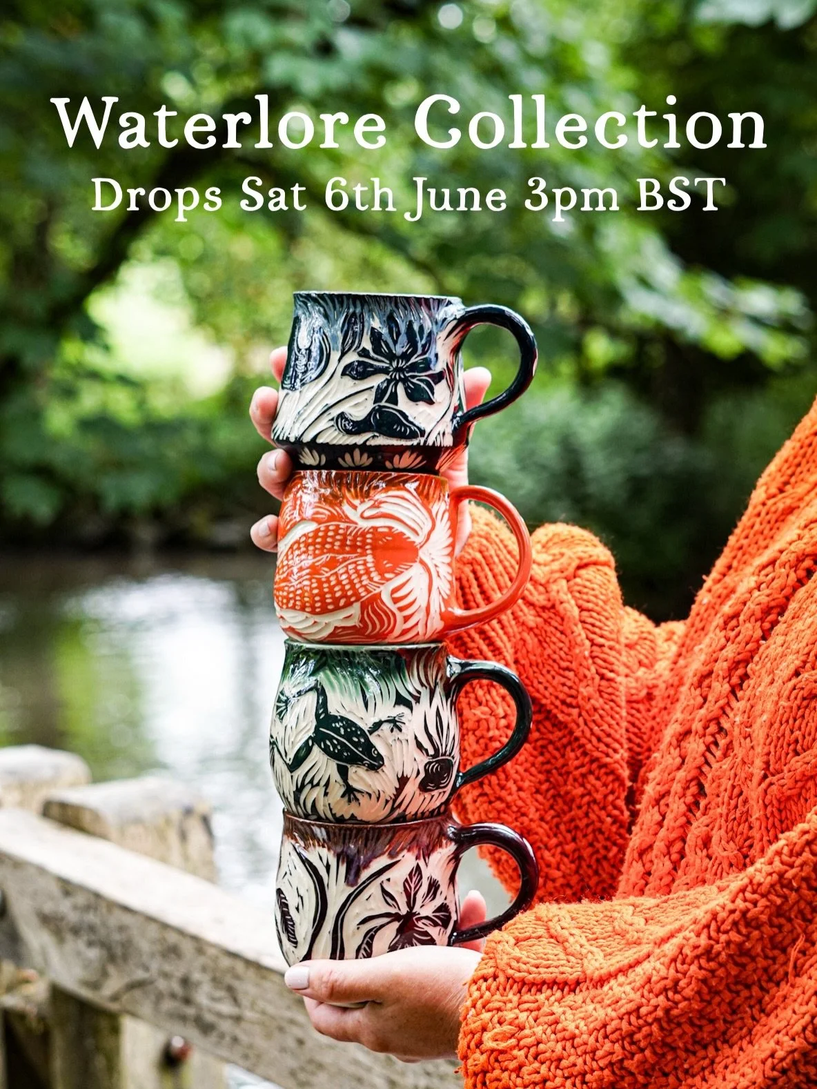 🦀 Waterlore Collection dropping on Sat 6th June at 3pm BST 🐟 

Sgraffito mugs are back with new watery designs, goblets with folklore inspired decorations, and a couple of teapots too 🫖 

I think my favourite has been the koi carp - inspired by th