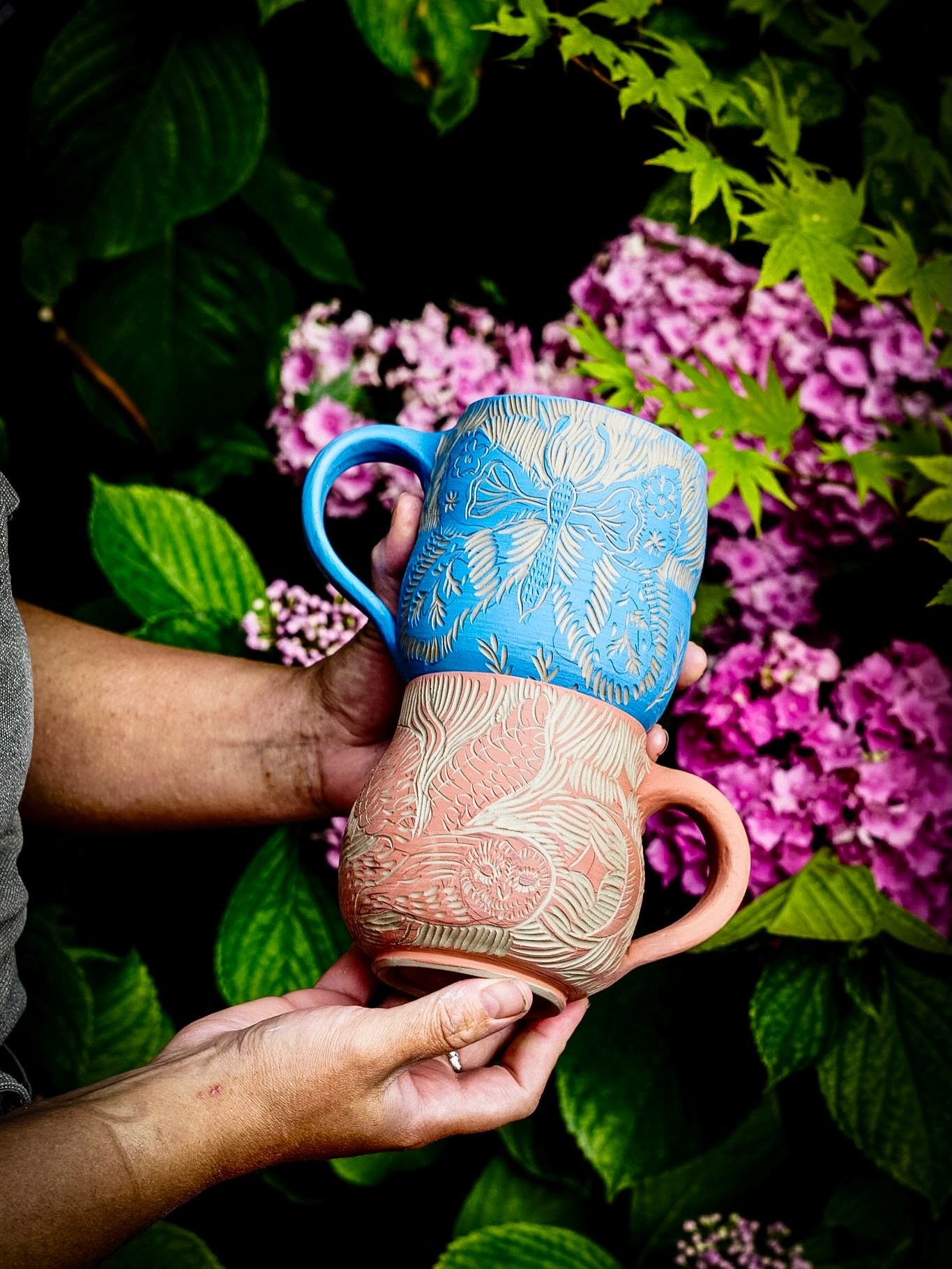 First batch of sgraffito mugs in the making for my upcoming Kiln Opening! This one is called &lsquo;Spirited Sky&rsquo; all about tales from the heavens 🌙 ⭐️ ☁️ 

I started making these sgraffito mugs this year for my Folklore inspired Kiln Openings