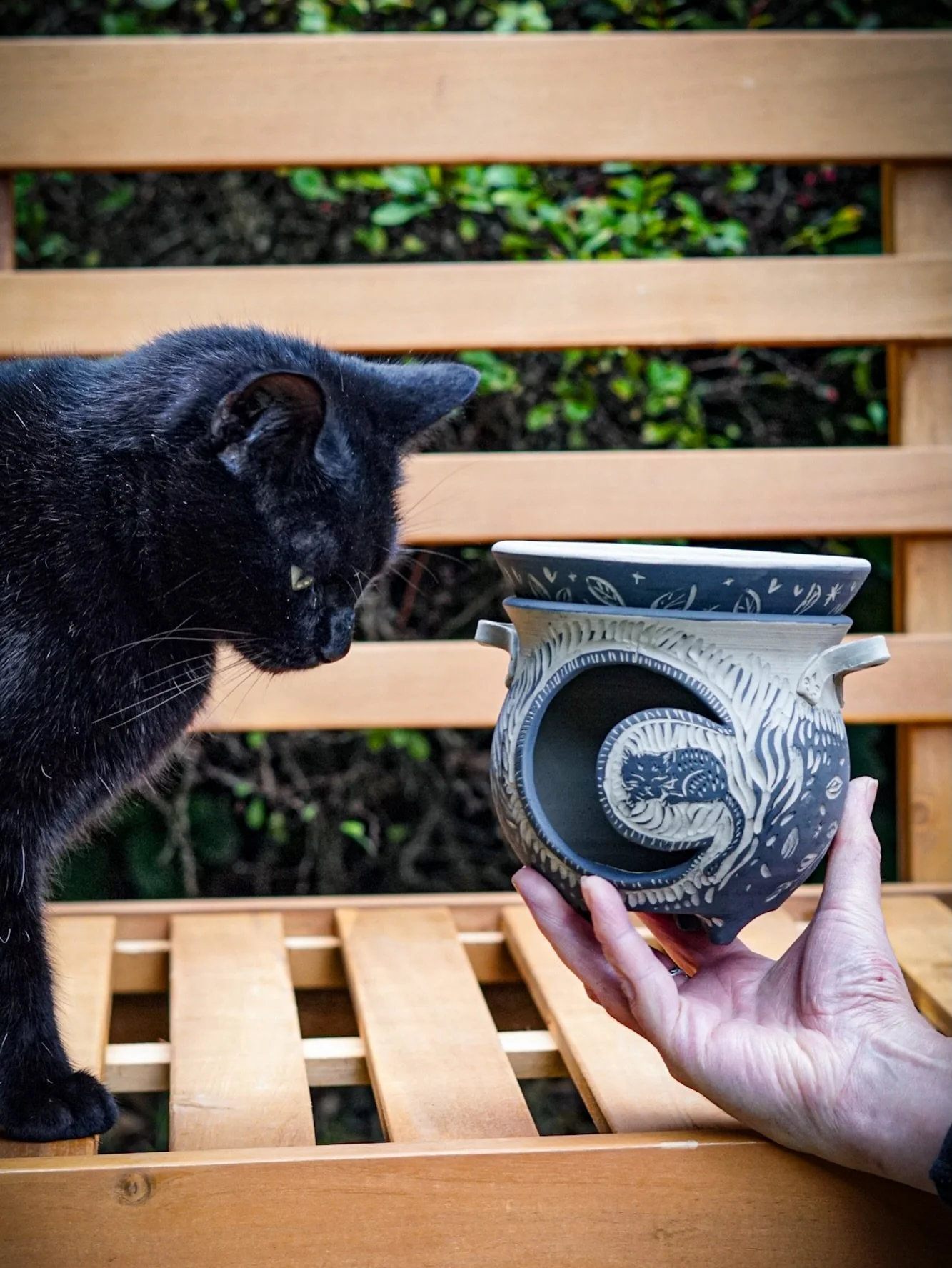 🐈&zwj;⬛ Hallowed Harvest is the name of my upcoming Kiln Opening dropping on Sat 3rd Oct 3pm BST 🐈&zwj;⬛ 

Here are some of the first pieces I&rsquo;ve made that are mostly sgraffito decorated with black cats 🐈&zwj;⬛, mushrooms 🍄, acorns and oak 